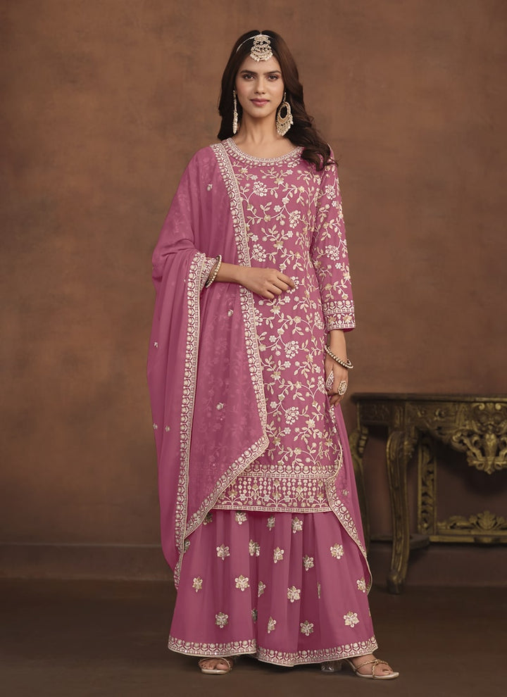 Lassya Fashion Rose Pink Faux Georgette Designer Sharara Suit