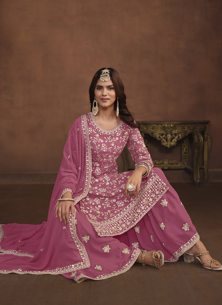 Lassya Fashion Rose Pink Faux Georgette Designer Sharara Suit