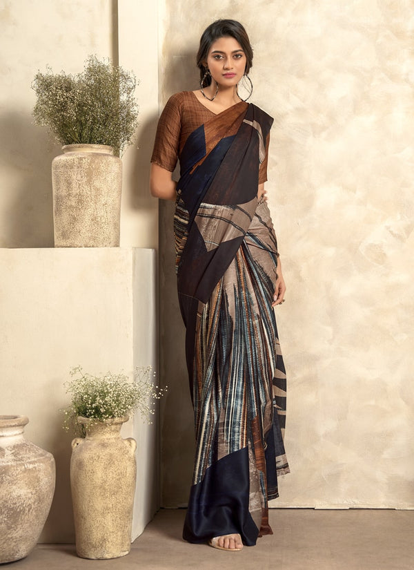 Lassya Fashion Brown Elegant Soft Satin Silk Printed Saree with Matching Blouse