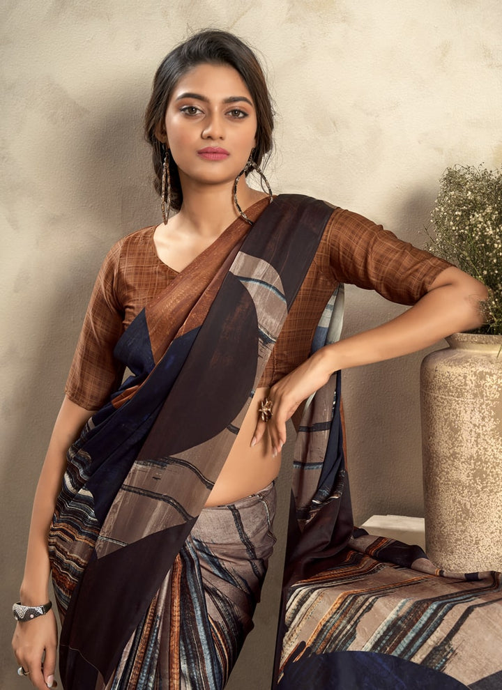 Lassya Fashion Brown Elegant Soft Satin Silk Printed Saree with Matching Blouse