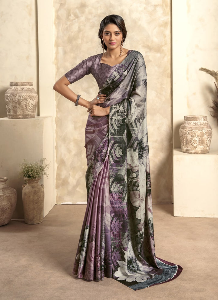 Lassya Fashion Deep Taupe Elegant Soft Satin Silk Printed Saree with Matching Blouse
