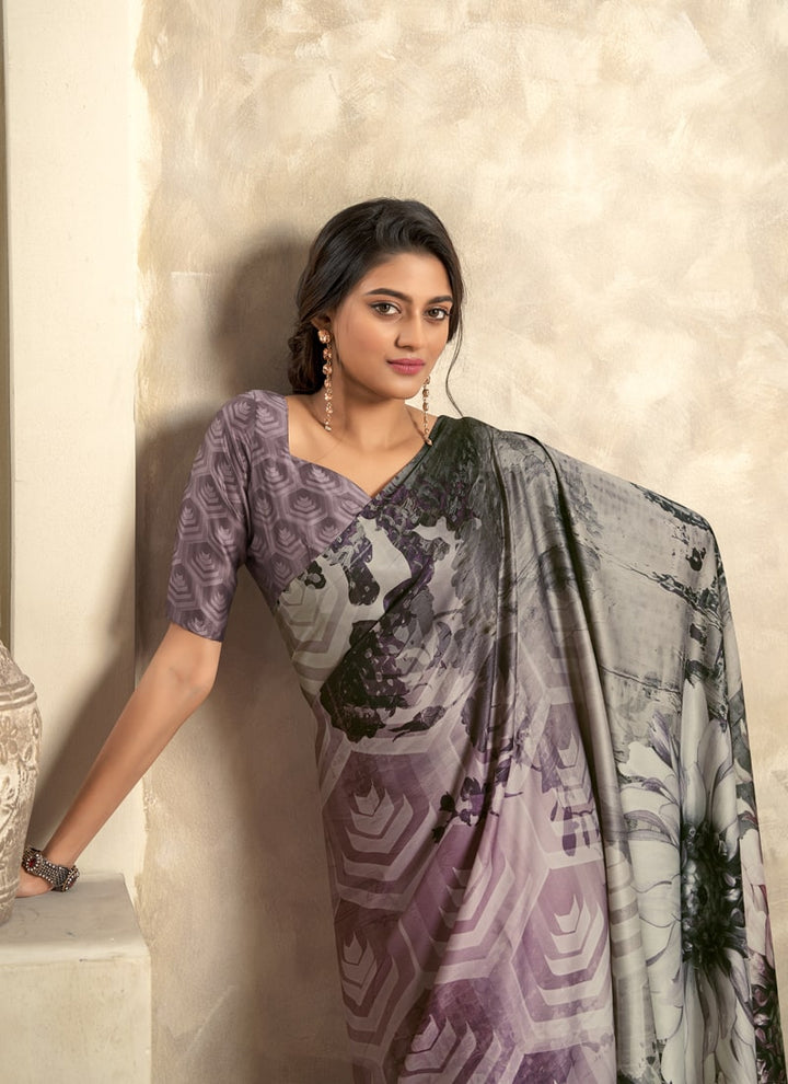 Lassya Fashion Deep Taupe Elegant Soft Satin Silk Printed Saree with Matching Blouse