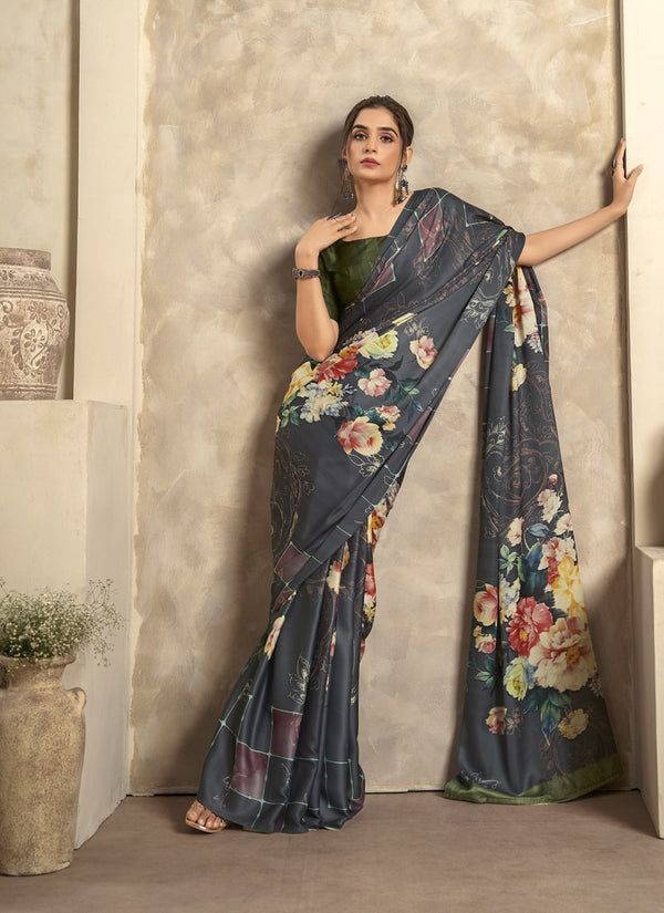 Lassya Fashion Dark Grey Elegant Soft Satin Silk Printed Saree with Matching Blouse