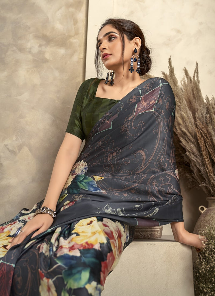 Lassya Fashion Dark Grey Elegant Soft Satin Silk Printed Saree with Matching Blouse