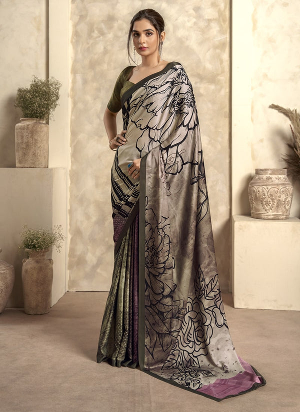 Lassya Fashion Off White Elegant Soft Satin Silk Printed Saree with Matching Blouse