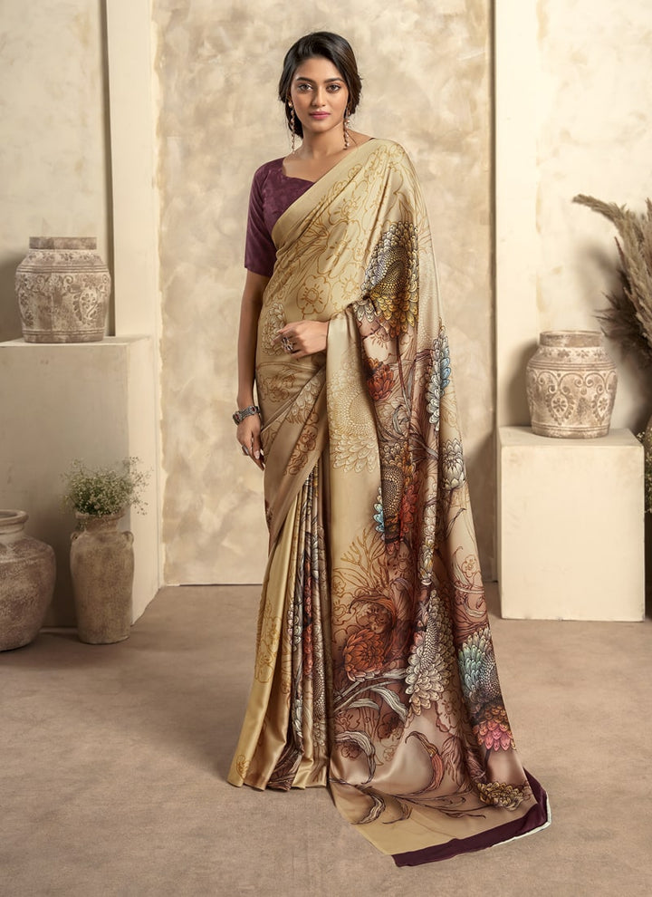 Lassya Fashion Cream Elegant Soft Satin Silk Printed Saree with Matching Blouse