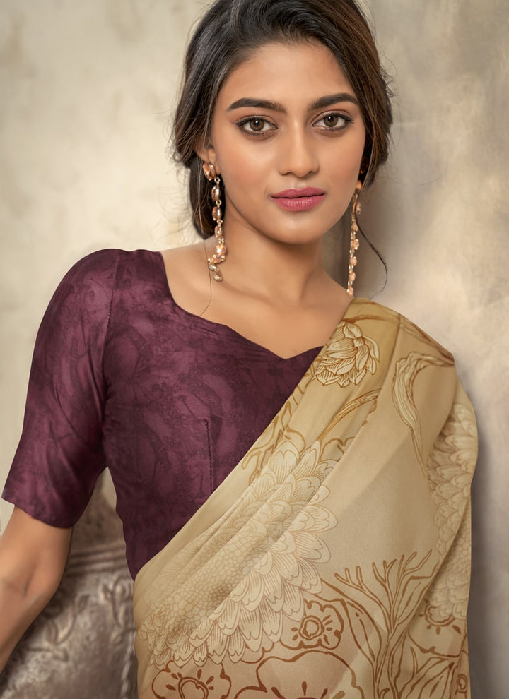 Lassya Fashion Cream Elegant Soft Satin Silk Printed Saree with Matching Blouse