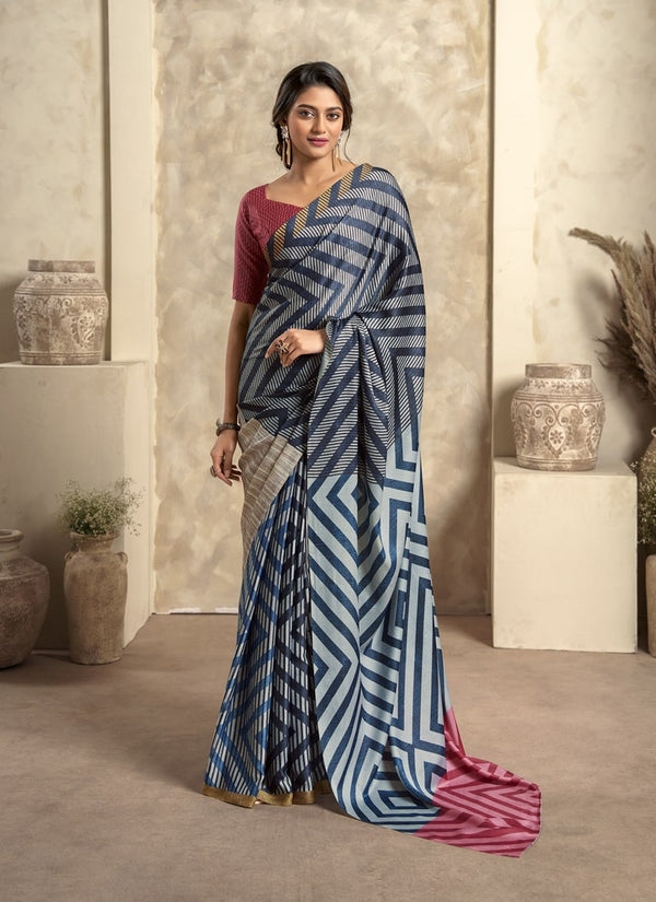 Lassya Fashion Dark Blue and White Stripe Elegant Soft Satin Silk Printed Saree with Matching Blouse