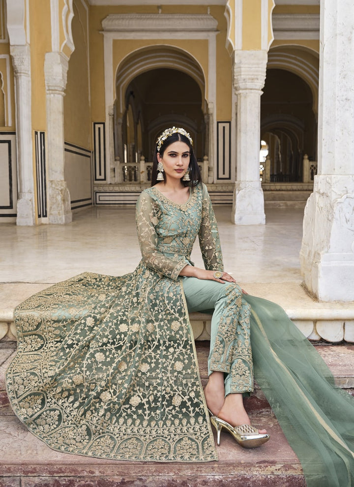 Lassya Fashion Sea Green Enchanting Anarkali Suit with Heavy Coding & Stone Work