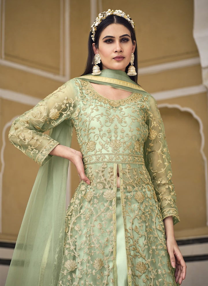 Lassya Fashion Pista Green Enchanting Anarkali Suit with Heavy Coding & Stone Work