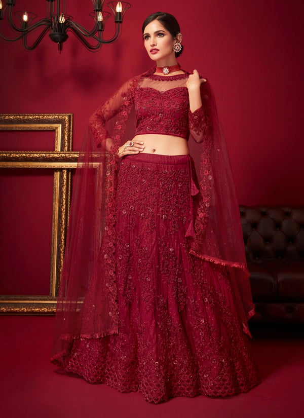 Lassya Fashion Cherry Red Exquisite Net Lehenga Choli Set with Intricate Embroidery and Stone Work