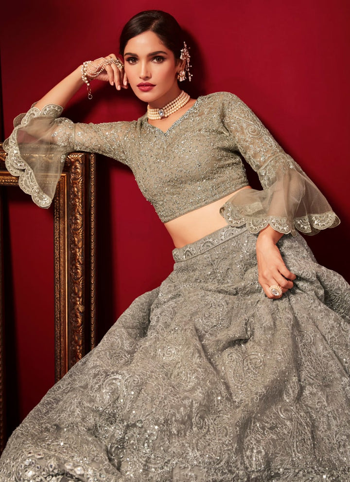 Lassya Fashion Grey Exquisite Net Lehenga Choli Set with Intricate Embroidery and Stone Work