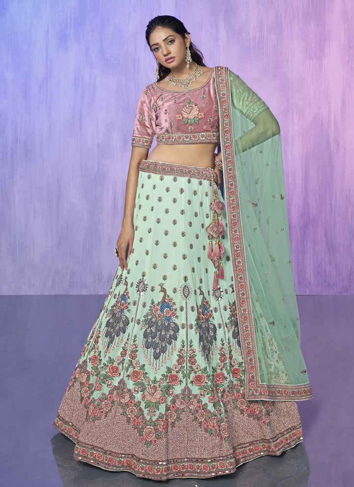 Lassya Fashion Aqua Green Georgette Wedding Lehenga Choli Set with Intricate Embroidery