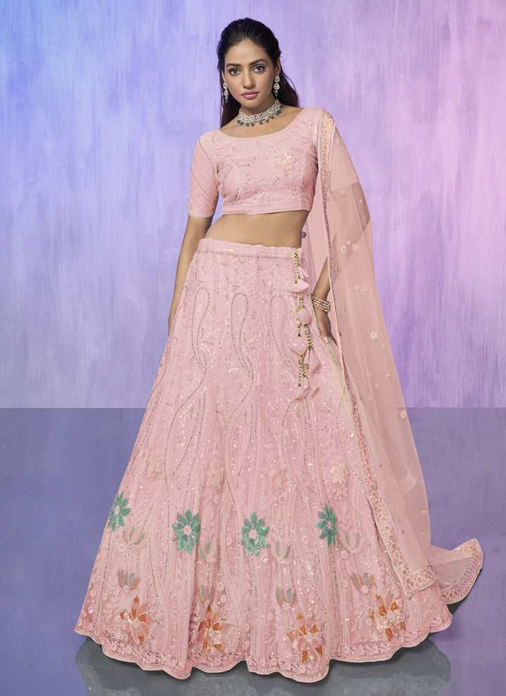 Lassya Fashion Peach Pink Embroidered Net Wedding Lehenga Choli Set with Timeless Appeal