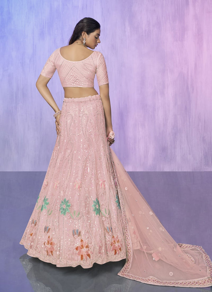 Lassya Fashion Peach Pink Embroidered Net Wedding Lehenga Choli Set with Timeless Appeal