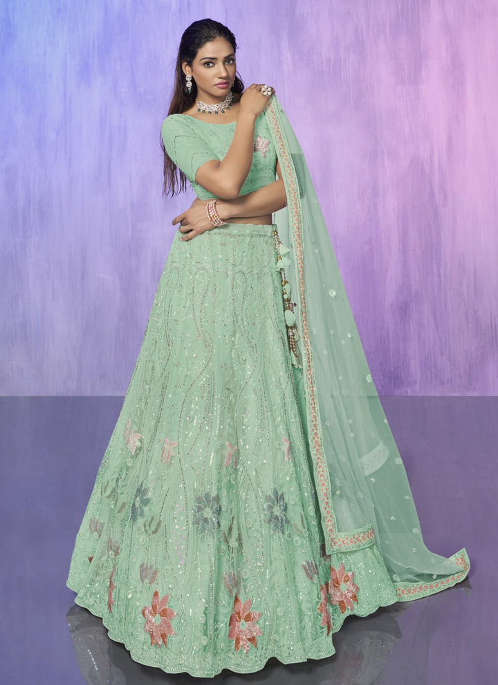 Lassya Fashion Light Aqua Embroidered Net Wedding Lehenga Choli Set with Timeless Appeal