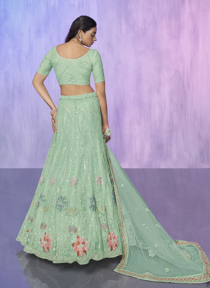 Lassya Fashion Light Aqua Embroidered Net Wedding Lehenga Choli Set with Timeless Appeal