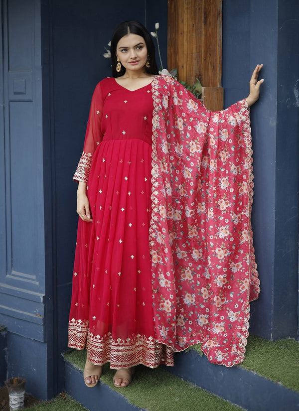 Lassya Fashion Red Faux Georgette Embroidered Gown with Tabby Silk Dupatta