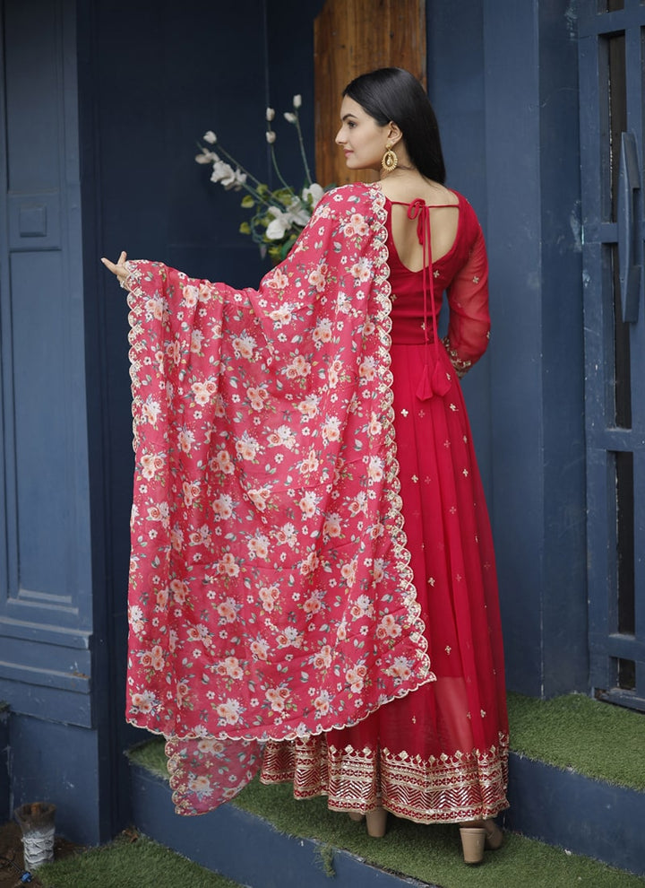 Lassya Fashion Red Faux Georgette Embroidered Gown with Tabby Silk Dupatta