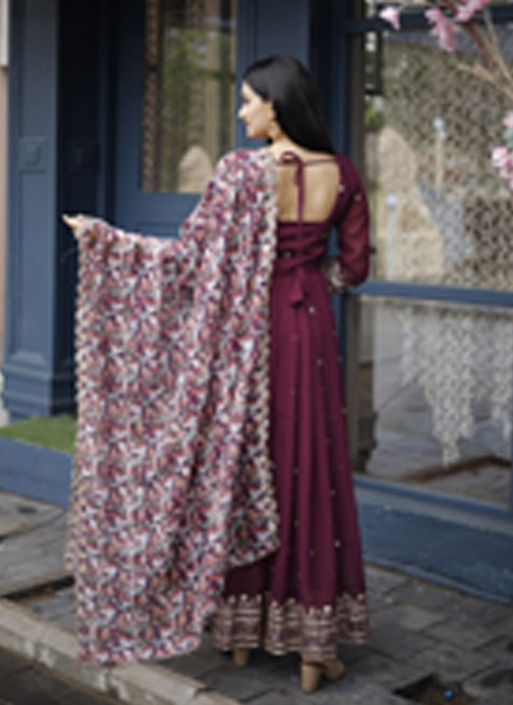 Lassya Fashion Wine Faux Georgette Embroidered Gown with Tabby Silk Dupatta