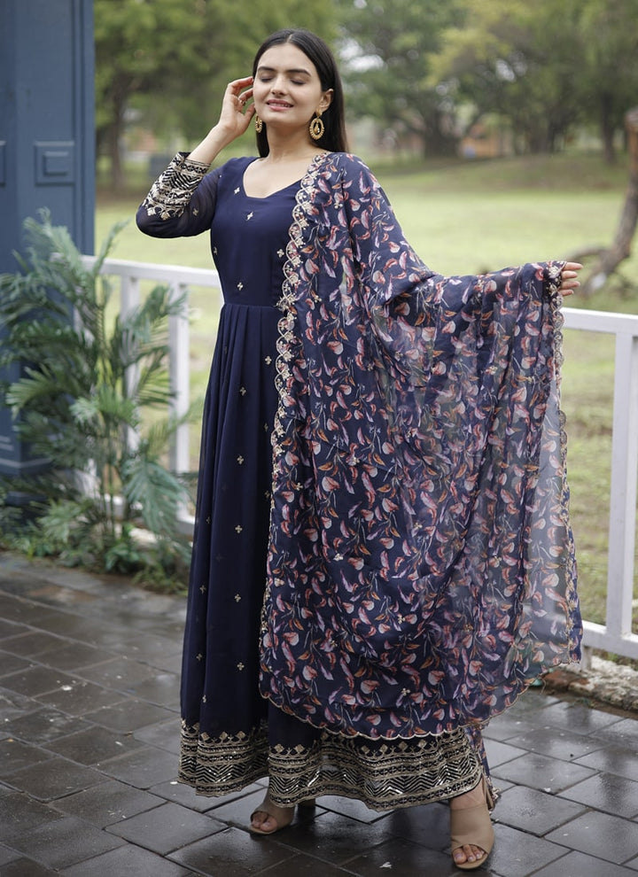 Lassya Fashion Purple Faux Georgette Embroidered Gown with Tabby Silk Dupatta