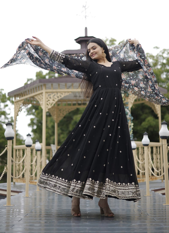 Lassya Fashion Black Faux Georgette Embroidered Gown with Tabby Silk Dupatta