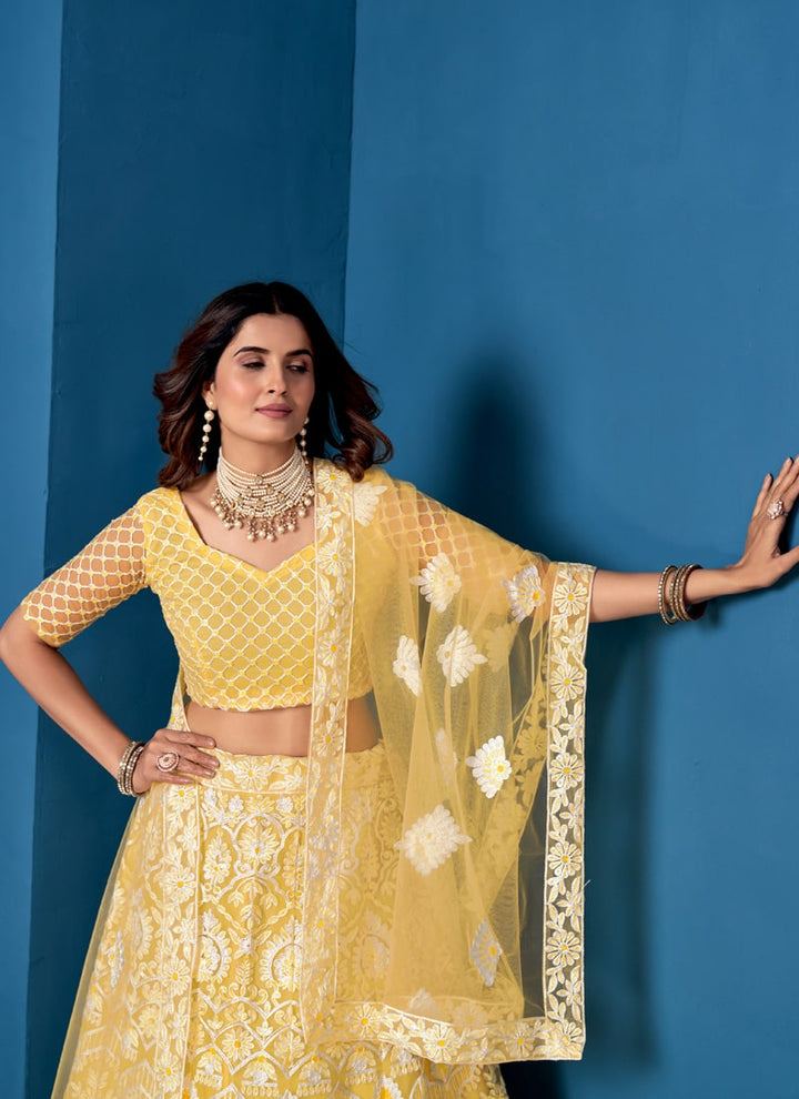 Lassya Fashion Yellow Designer Net Lehenga Choli Set with Embroidery