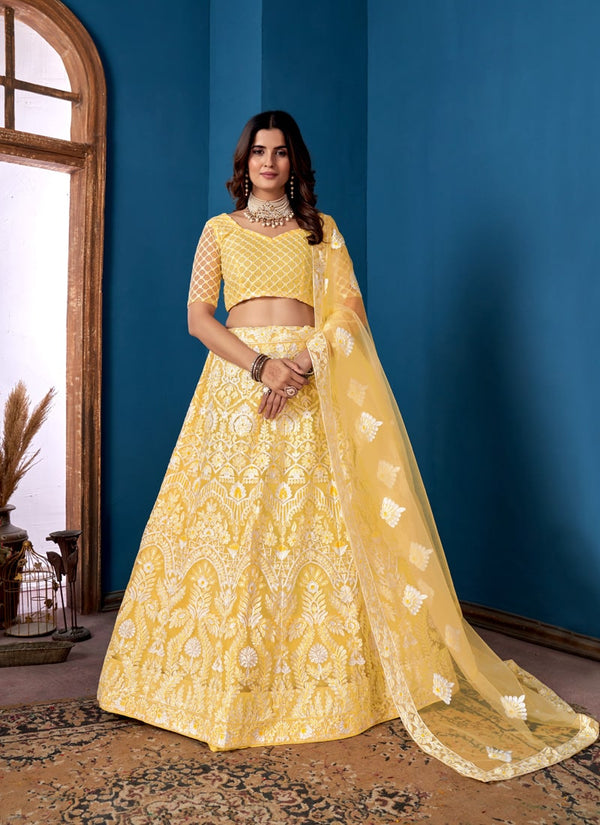 Lassya Fashion Yellow Designer Net Lehenga Choli Set with Embroidery