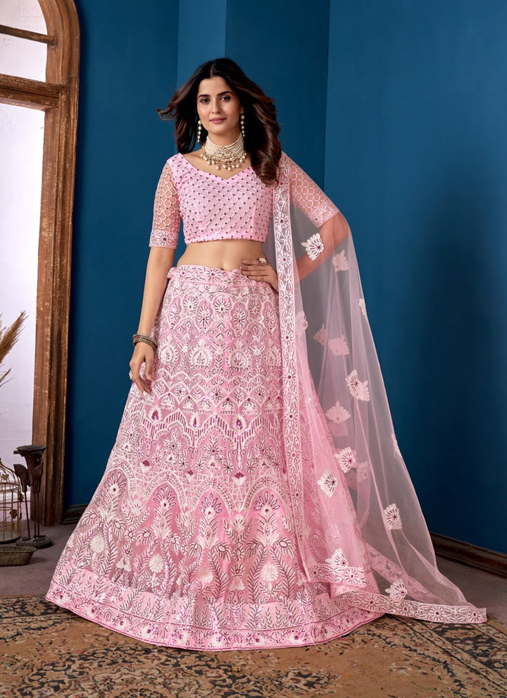 Lassya Fashion Pink Designer Net Lehenga Choli Set with Embroidery