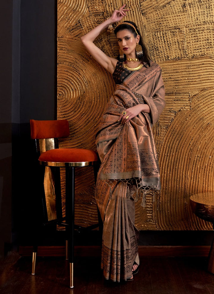 Lassya Fashion Rust Brown Handloom Weaved Silk Saree with Matching Blouse