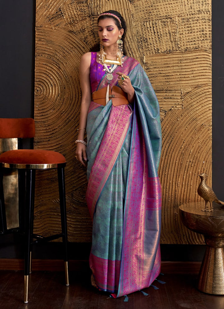 Lassya Fashion Sea Blue Handloom Weaved Silk Saree with Matching Blouse