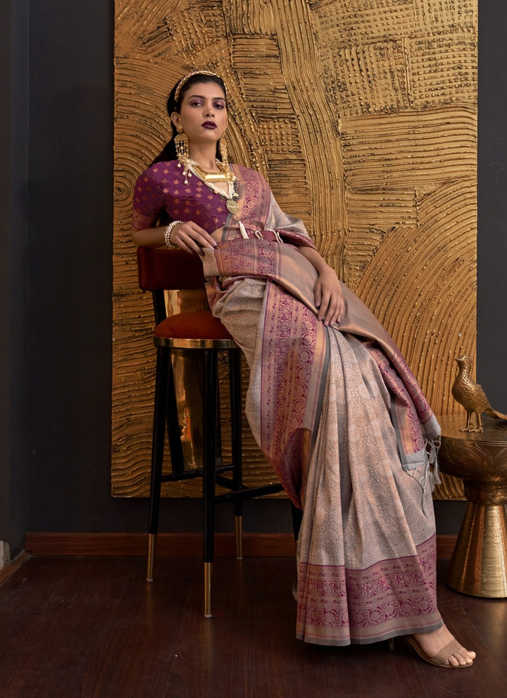 Lassya Fashion Rosewood Handloom Weaved Silk Saree with Matching Blouse