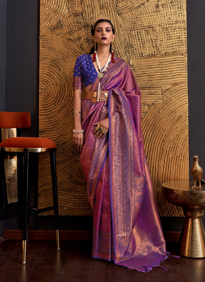 Lassya Fashion Royal Plum Handloom Weaved Silk Saree with Matching Blouse