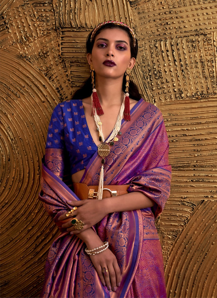 Lassya Fashion Royal Plum Handloom Weaved Silk Saree with Matching Blouse