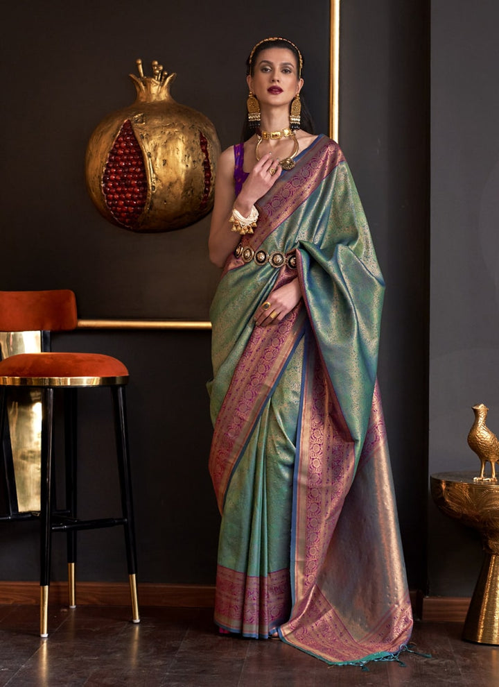 Lassya Fashion Moss Green Handloom Weaved Silk Saree with Matching Blouse