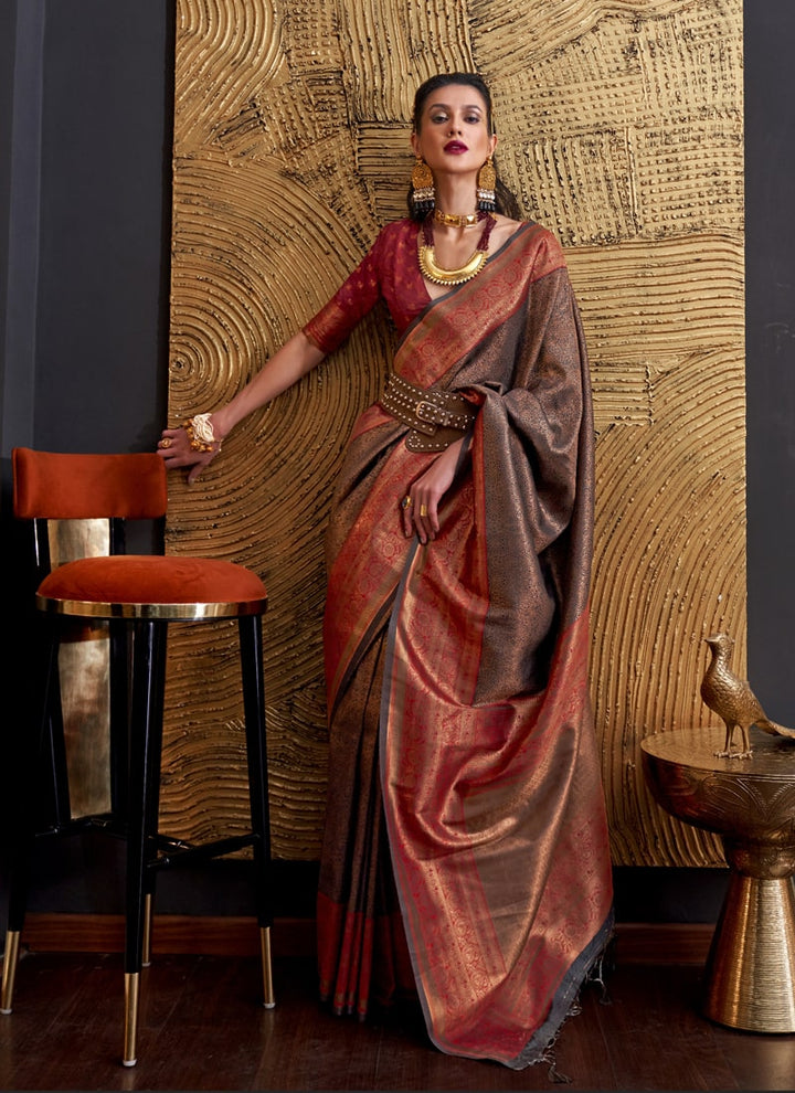 Lassya Fashion Mocha Brown Handloom Weaved Silk Saree with Matching Blouse