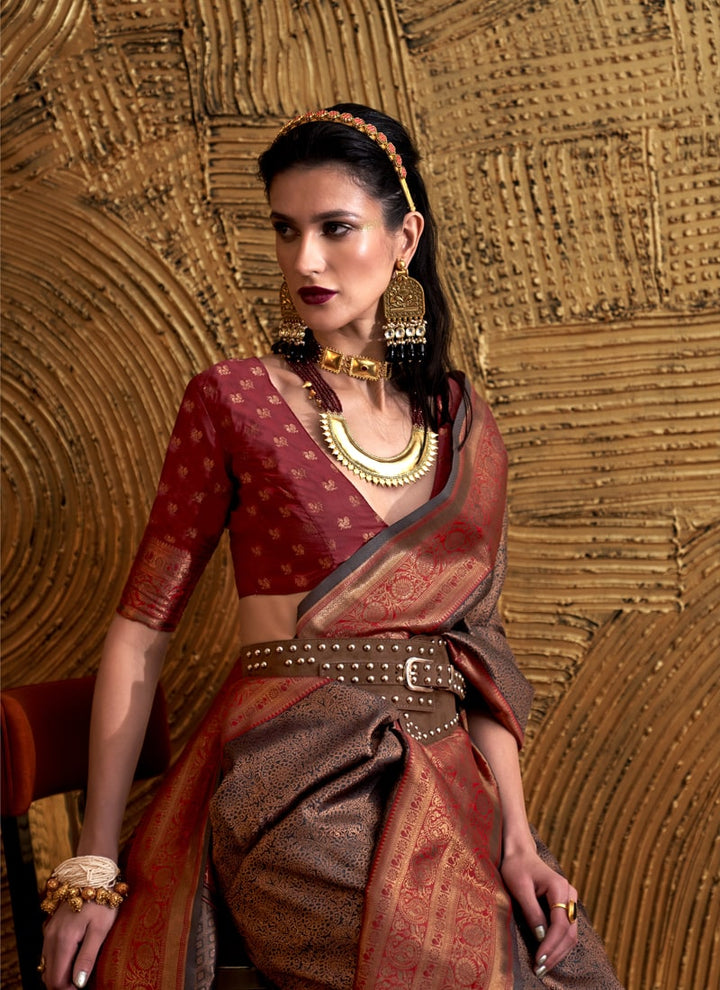 Lassya Fashion Mocha Brown Handloom Weaved Silk Saree with Matching Blouse