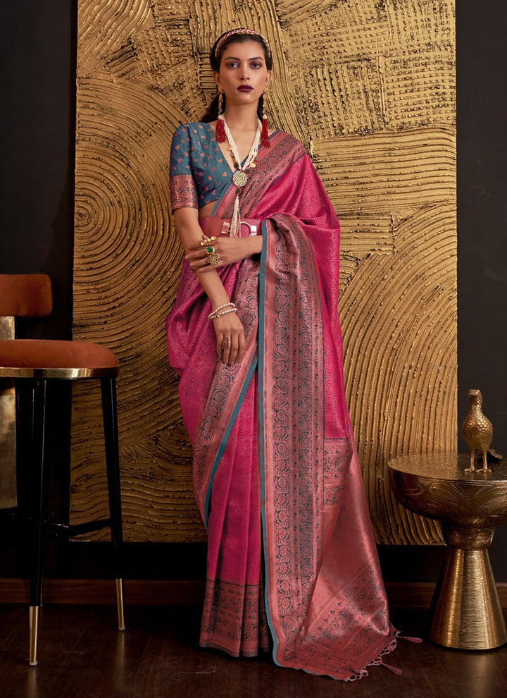 Lassya Fashion Magenta Pink Handloom Weaved Silk Saree with Matching Blouse