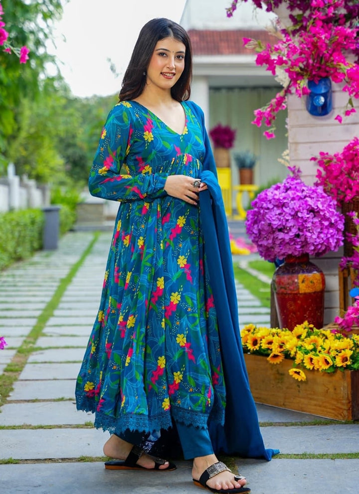 Lassya Fashion Navy Blue Floral Printed Alia Cut Gown in Soft Muslin Silk