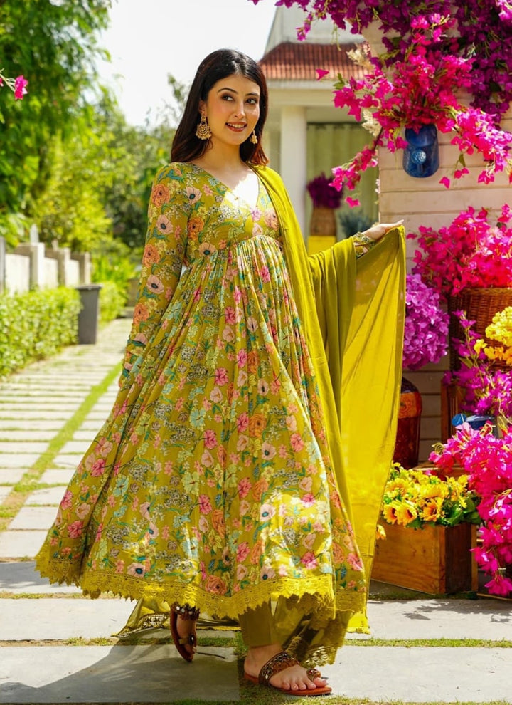 Lassya Fashion Olive Green Floral Printed Alia Cut Gown in Soft Muslin Silk