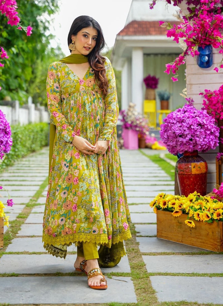 Lassya Fashion Olive Green Floral Printed Alia Cut Gown in Soft Muslin Silk