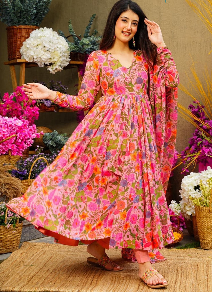 Lassya Fashion Rose Pink Floral Printed Alia Cut Gown in Soft Muslin Silk