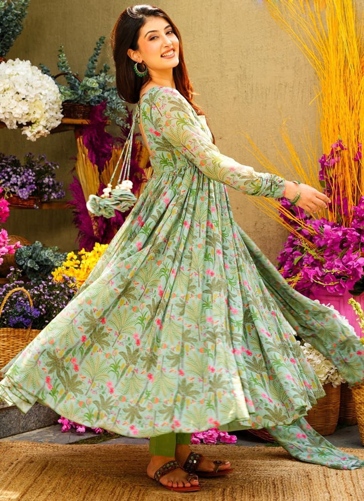 Lassya Fashion Pista Green Floral Printed Alia Cut Gown in Soft Muslin Silk