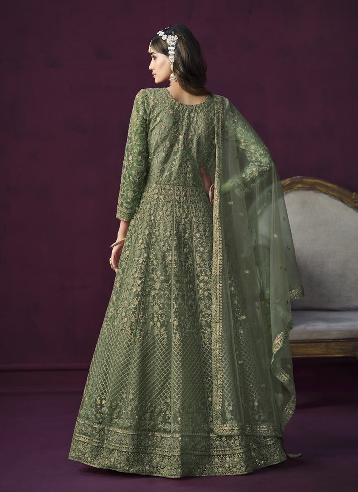 Lassya Fashion Dusty Green Long Anarkali Suit Set in Elegant Net Fabric