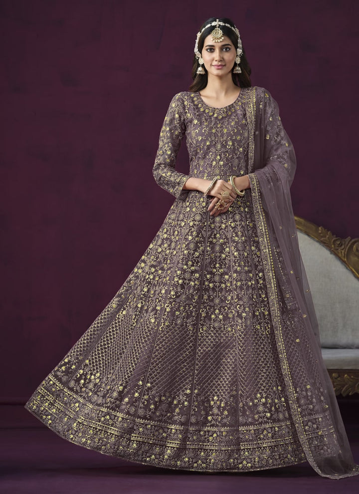 Lassya Fashion Dark Purple Long Anarkali Suit Set in Elegant Net Fabric