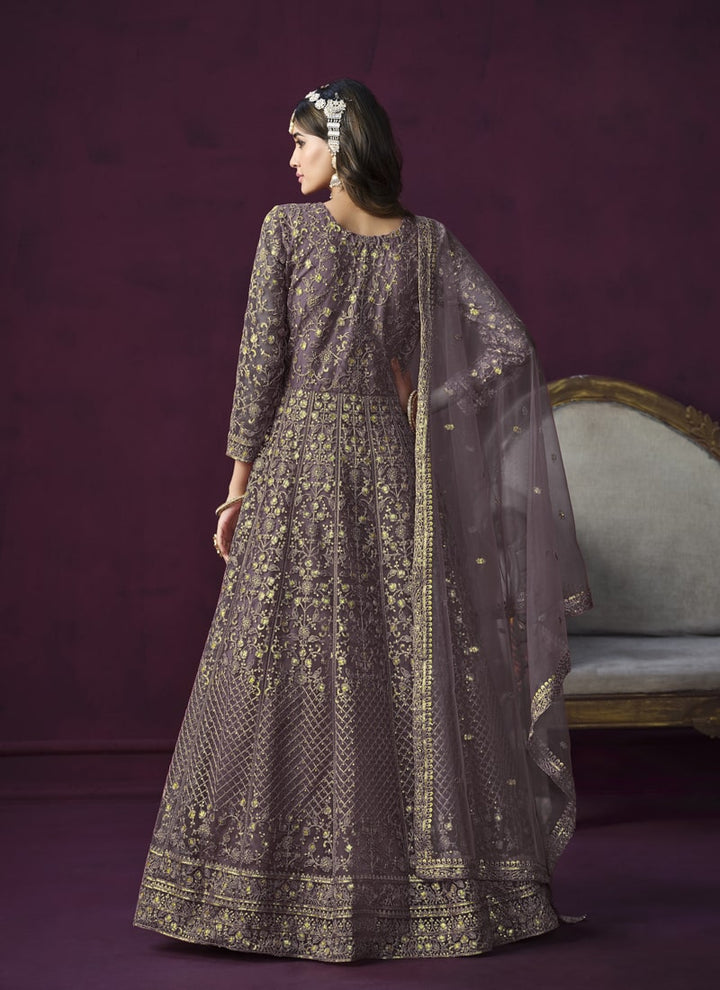 Lassya Fashion Dark Purple Long Anarkali Suit Set in Elegant Net Fabric