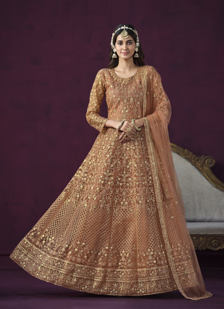 Lassya Fashion Coffee Brown Long Anarkali Suit Set in Elegant Net Fabric