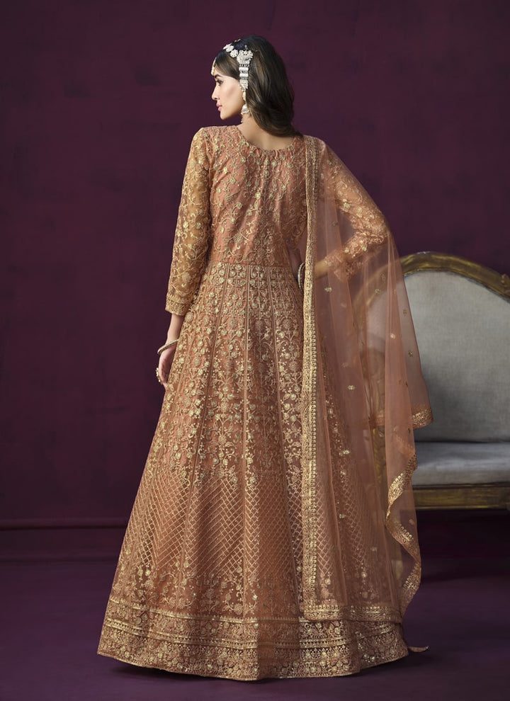 Lassya Fashion Coffee Brown Long Anarkali Suit Set in Elegant Net Fabric