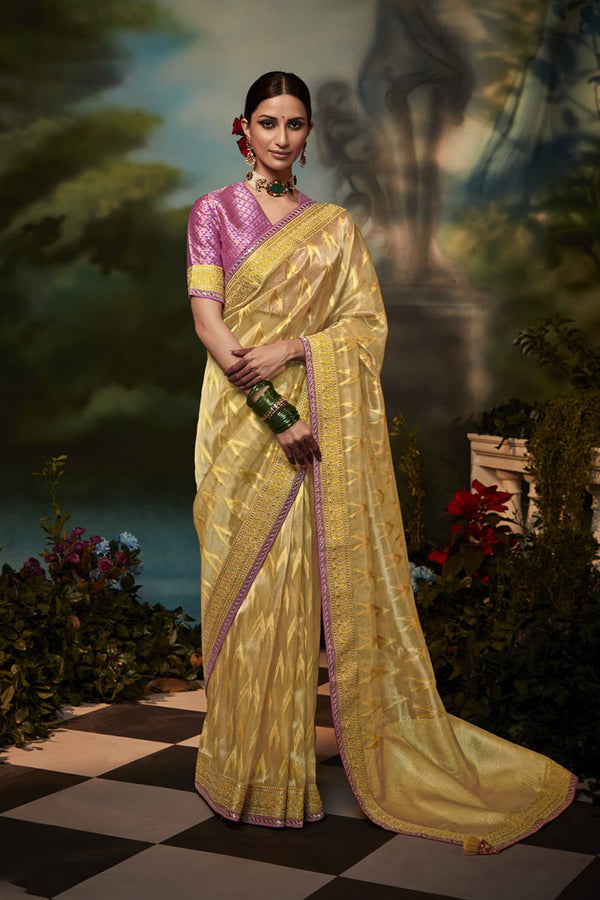 Mustard Yellow Woven Silk Saree with Designer Blouse