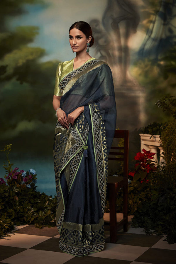 Aquamarine Blue Woven Silk Saree with Designer Blouse